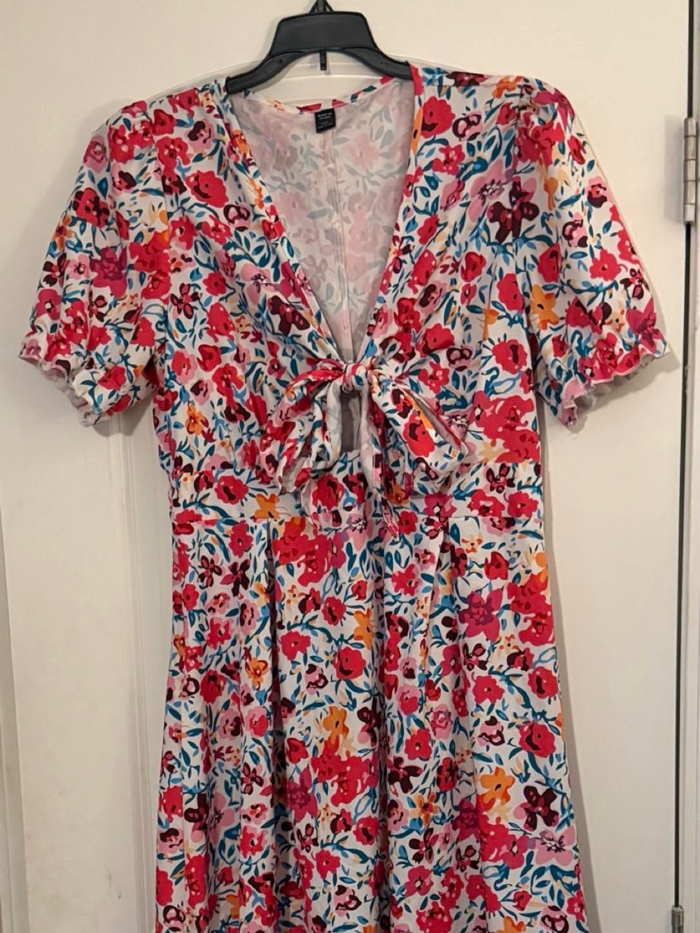 SHEIN Floral Tie-Front Midi Dress in Pink, Red and Blue